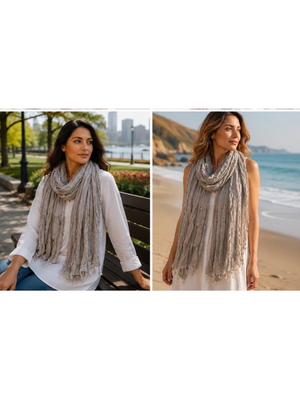 BDG Womenâs Scarf New Khaki Tow Toned Lace Accents Fringed 5000-3100
